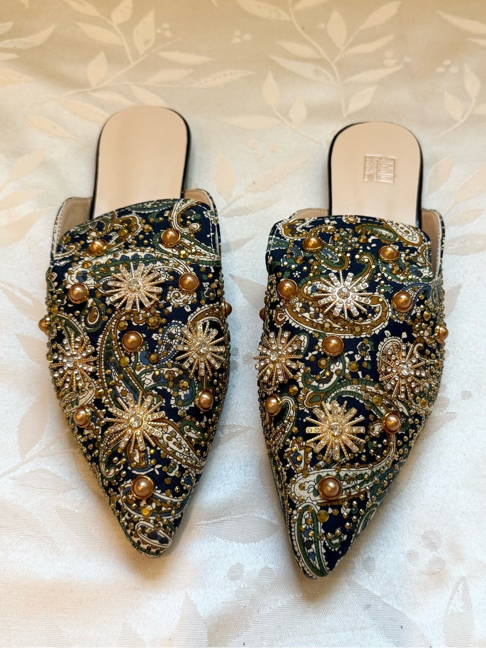 New Embellished Pointed Toe Slip-On Flats in Navy and Gold